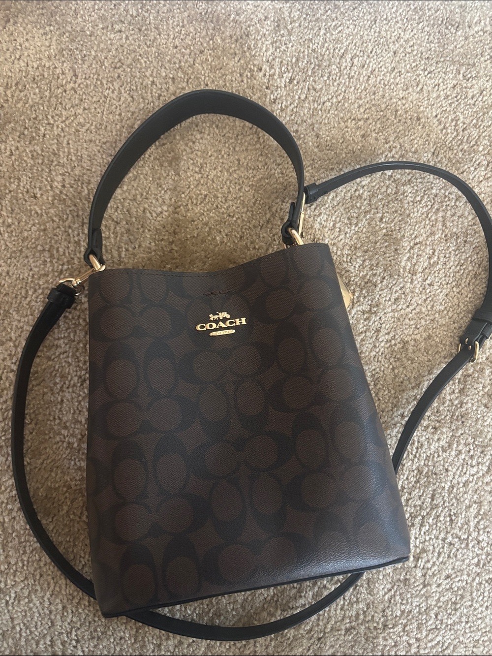 COACH Dark Brown Signature Canvas Bucket Crossbody